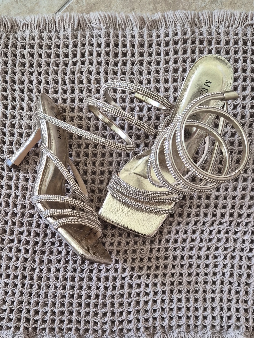 Menbur Gold Crystal-Embellished Strappy Heels